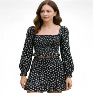 Crystal Doll Floral Smocked Blouse & Ruffled Skirt Set Black White Size Medium